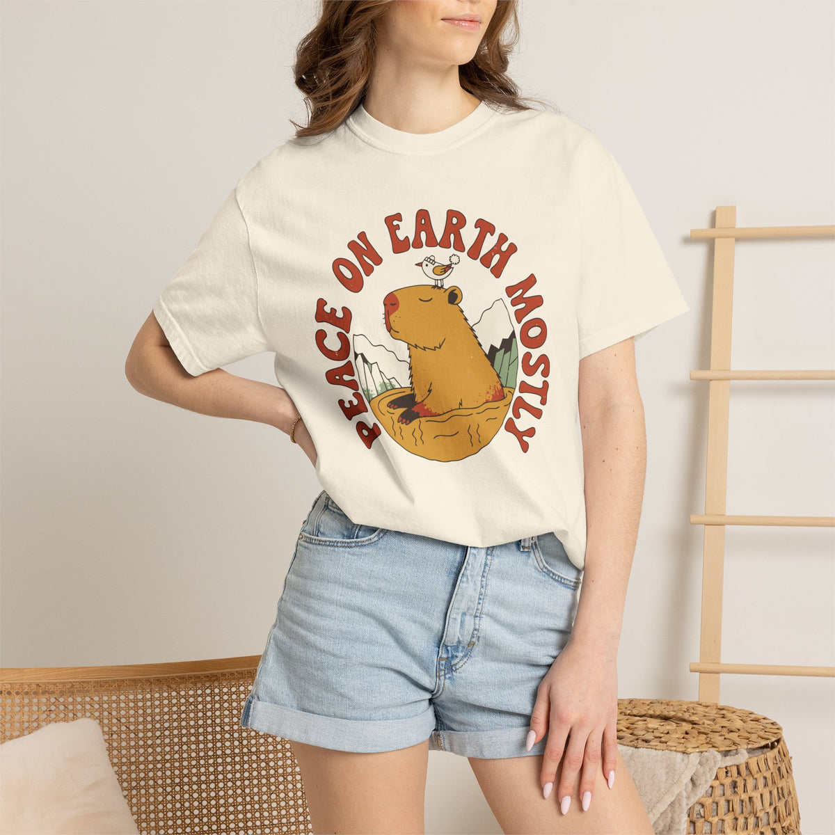 Peace On Earth Mostly Capybara Shirt, Comfort Colors Funny Christmas Capybara Tee, Calm Holiday Gift, Retro Hot Spring Shirt