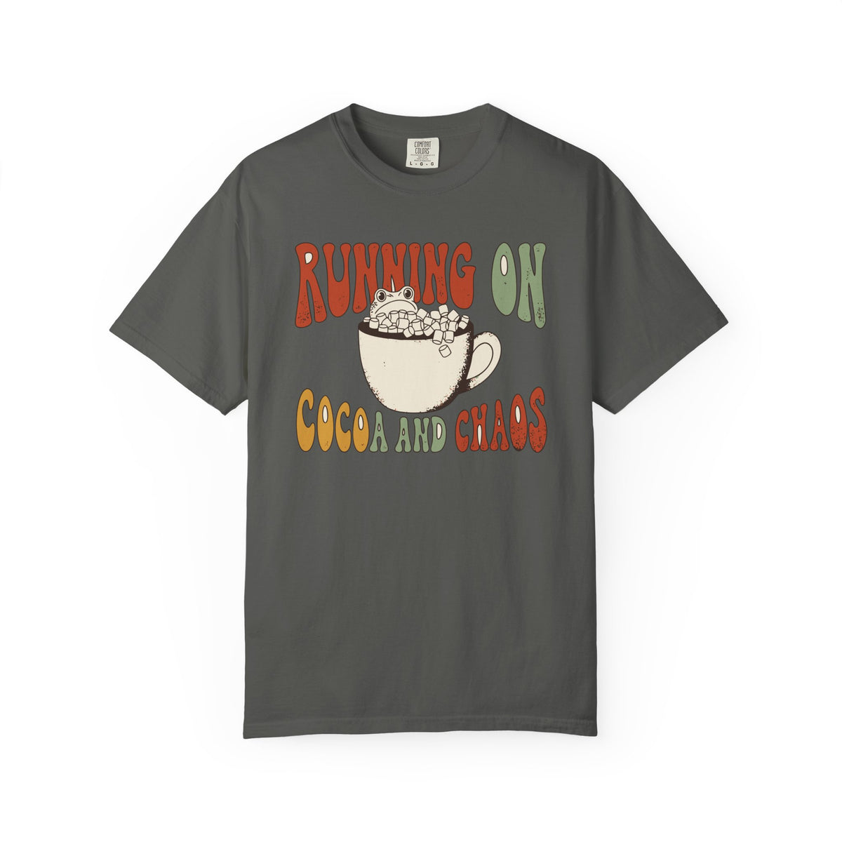 Running On Cocoa And Chaos Shirt, Comfort Colors Funny Christmas Mom Tee, Hot Chocolate Lover Gift, Retro Winter Frog Shirt