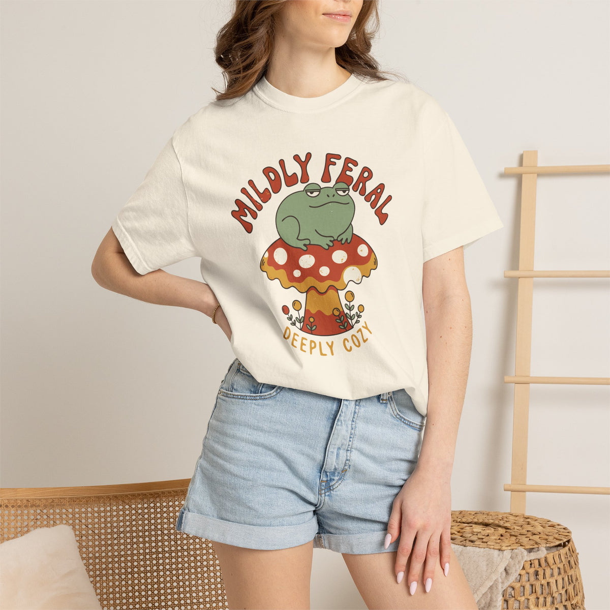 Mildly Feral Deeply Cozy Frog Shirt, Comfort Colors Cottagecore Mushroom Tee, Retro Frog Lover Gift, Funny Introvert Shirt
