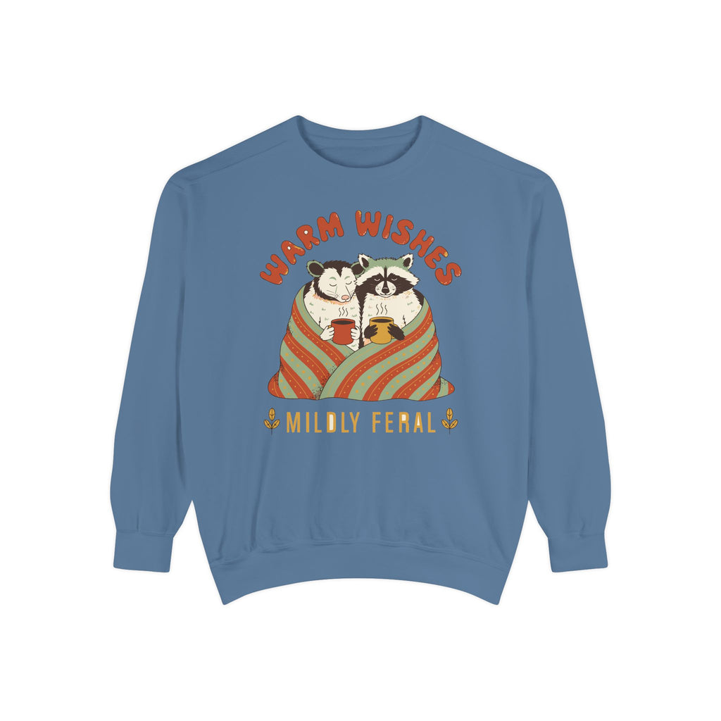 Warm Wishes Mildly Feral Sweatshirt, Comfort Colors Funny Christmas Possum Raccoon Crewneck, Cozy Holiday Gift, Retro Winter Animal Shirt