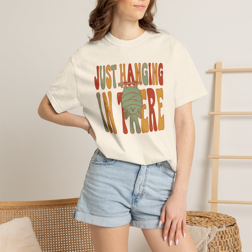 Just Hanging In There Bat Shirt, Comfort Colors Cute Bat Tee, Funny Halloween Gift, Retro Spooky Animal Shirt, Encouragement Gift