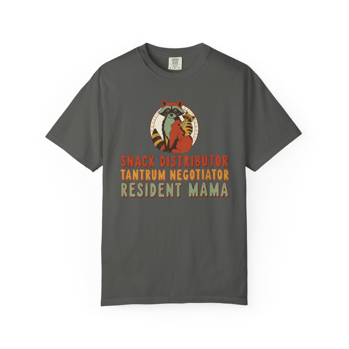 Snack Distributor Tantrum Negotiator Resident Mama Shirt, Comfort Colors Funny Mom Tee, Mom Job Title Gift, Raccoon Mom Shirt