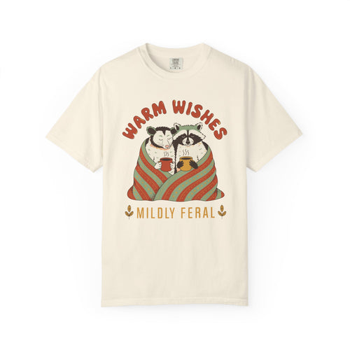Warm Wishes Mildly Feral Shirt, Comfort Colors Funny Christmas Possum Raccoon Tee, Cozy Holiday Gift, Retro Winter Animal Shirt