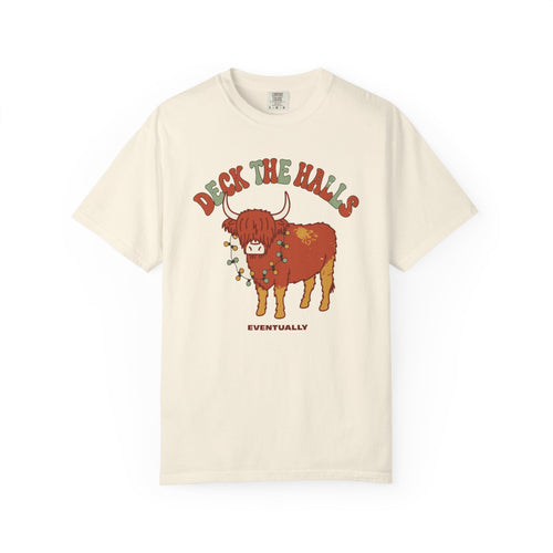 Deck The Halls Eventually Highland Cow Shirt, Comfort Colors Funny Christmas Cow Tee, Cow Lover Holiday Gift, Retro Xmas Shirt
