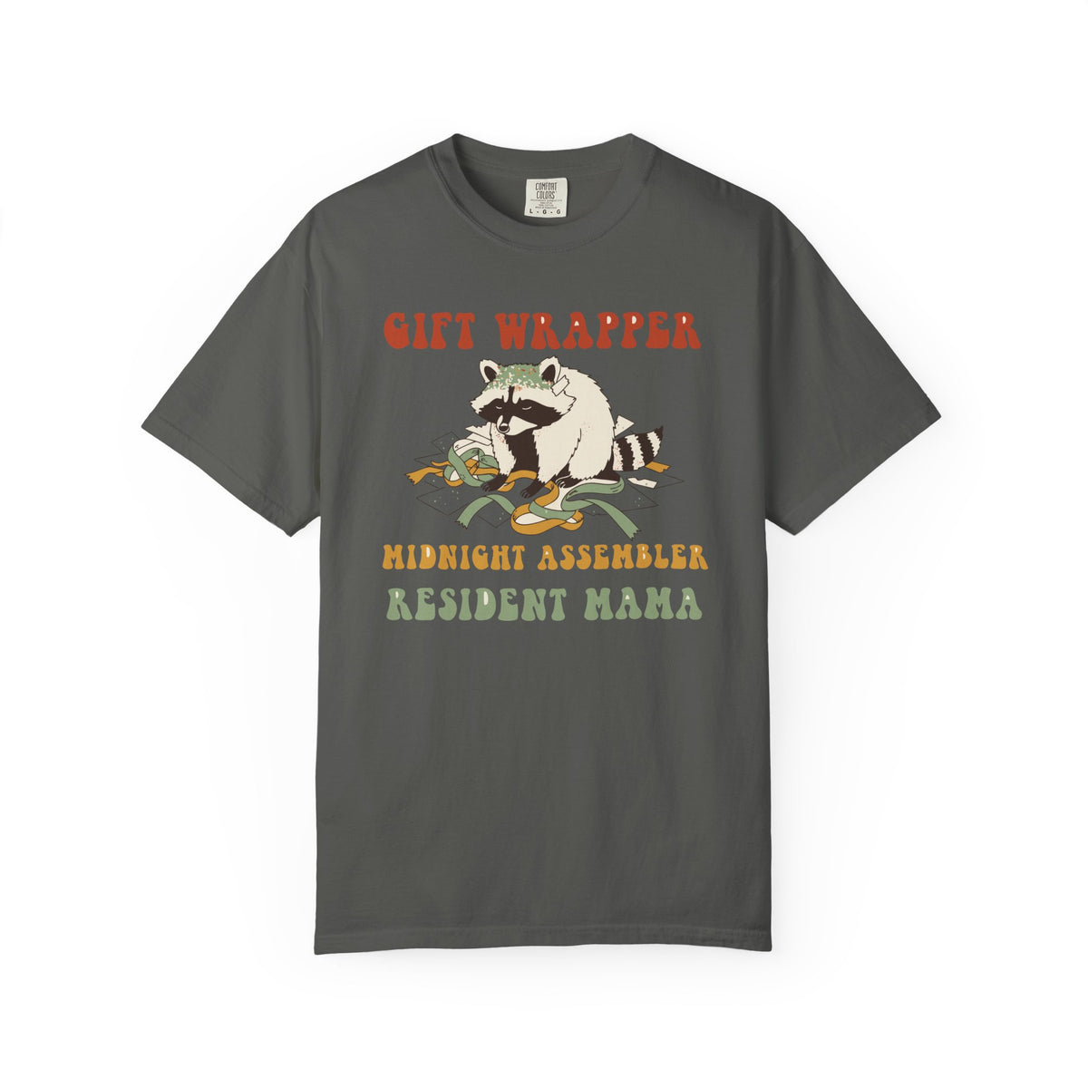 Gift Wrapper Midnight Assembler Resident Mama Shirt, Comfort Colors Funny Christmas Mom Tee, Holiday Mom Gift, Retro Raccoon Tee