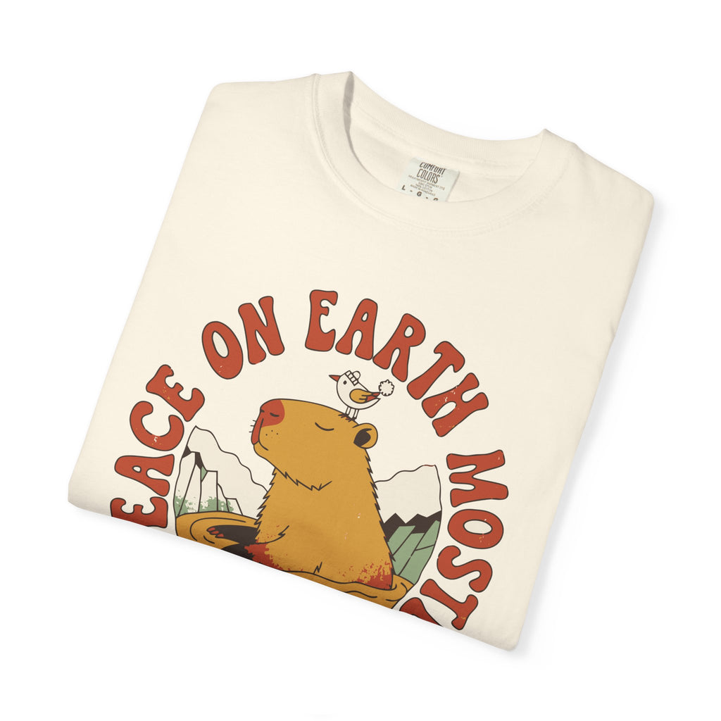 Peace On Earth Mostly Capybara Shirt, Comfort Colors Funny Christmas Capybara Tee, Calm Holiday Gift, Retro Hot Spring Shirt