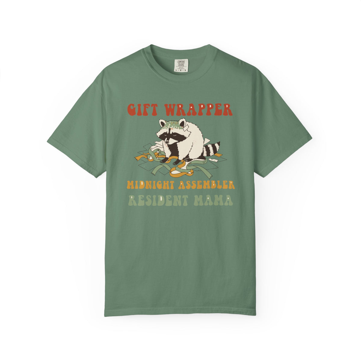 Gift Wrapper Midnight Assembler Resident Mama Shirt, Comfort Colors Funny Christmas Mom Tee, Holiday Mom Gift, Retro Raccoon Tee
