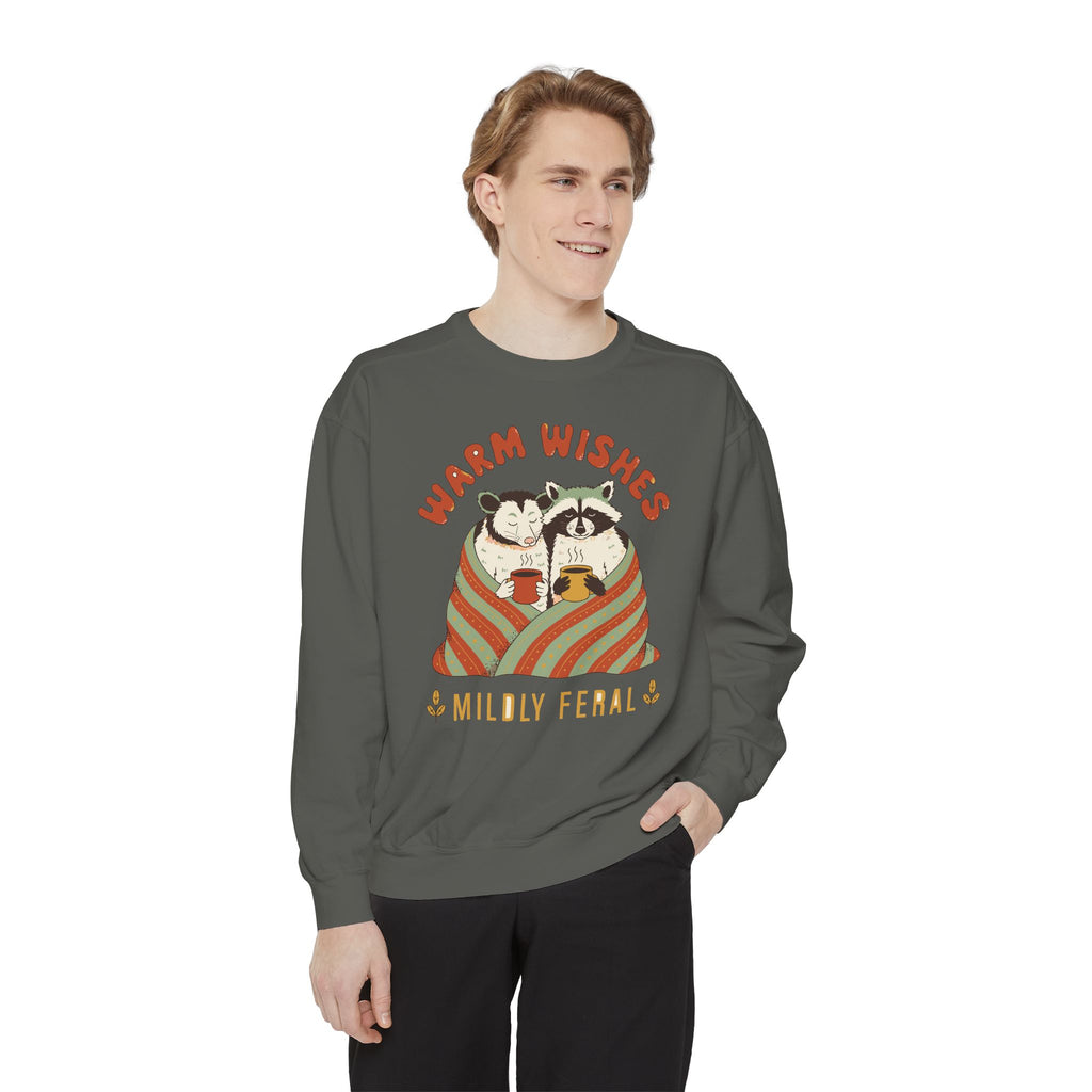 Warm Wishes Mildly Feral Sweatshirt, Comfort Colors Funny Christmas Possum Raccoon Crewneck, Cozy Holiday Gift, Retro Winter Animal Shirt
