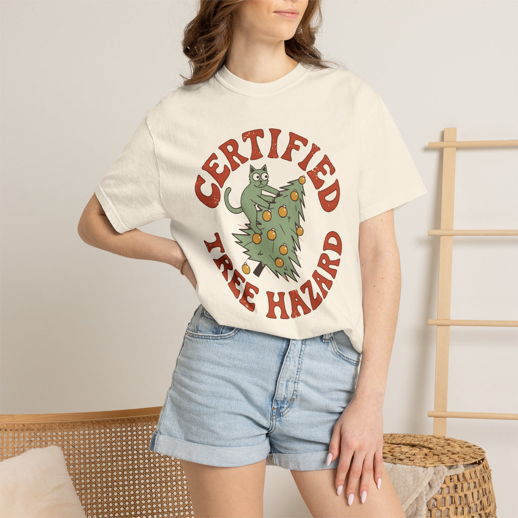 Certified Tree Hazard Cat Shirt, Comfort Colors Funny Christmas Cat Tee, Cat Mom Holiday Gift, Retro Xmas Cat Lover Shirt