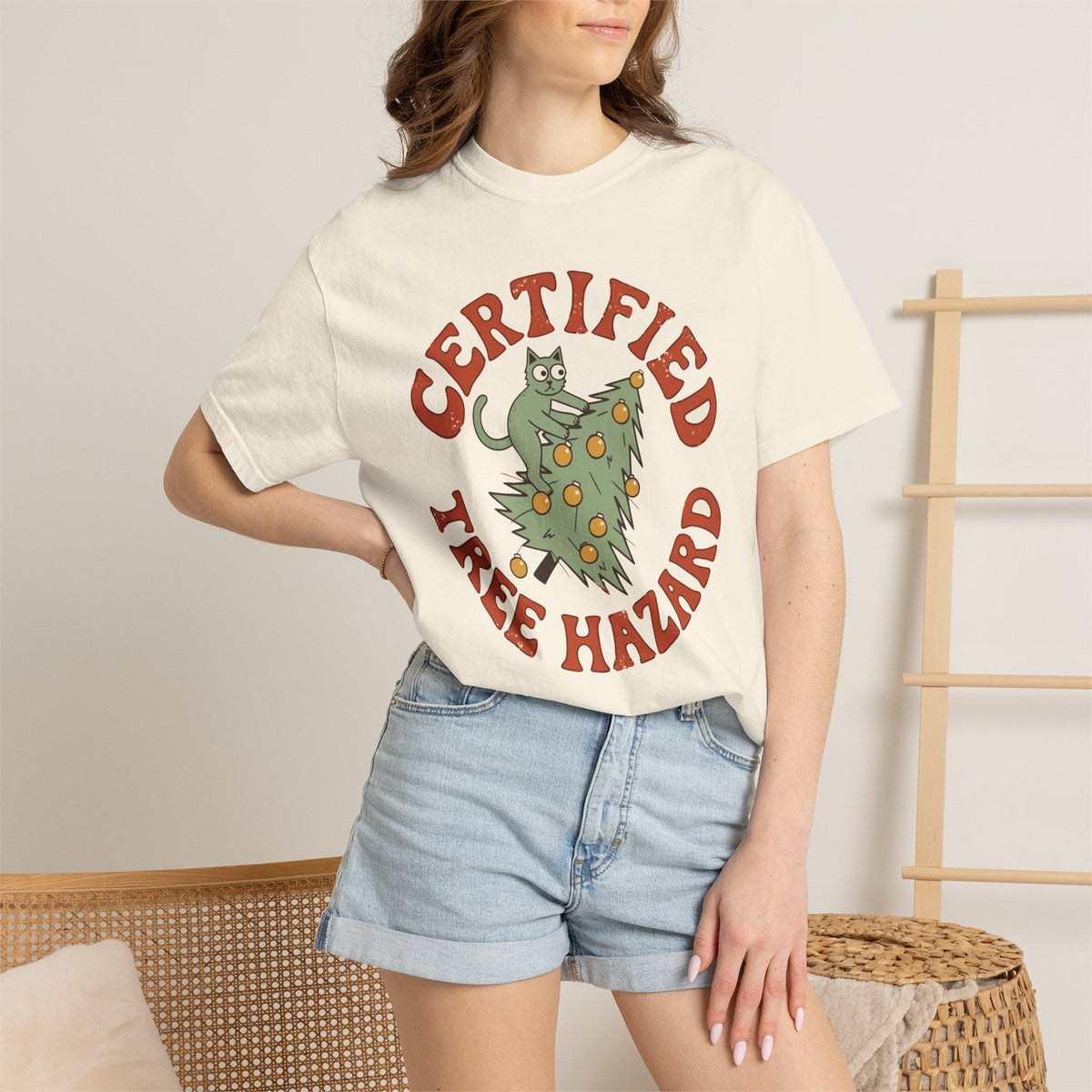 Certified Tree Hazard Cat Shirt, Comfort Colors Funny Christmas Cat Tee, Cat Mom Holiday Gift, Retro Xmas Cat Lover Shirt
