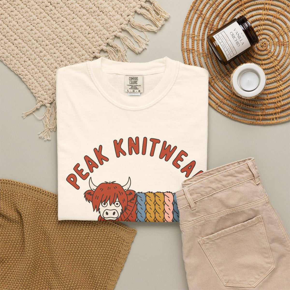 Highland Cow Comfort Colors Shirt, Peak Knitwear Season, Cable Knit Cottagecore Tee, Autumn Fashion Gift