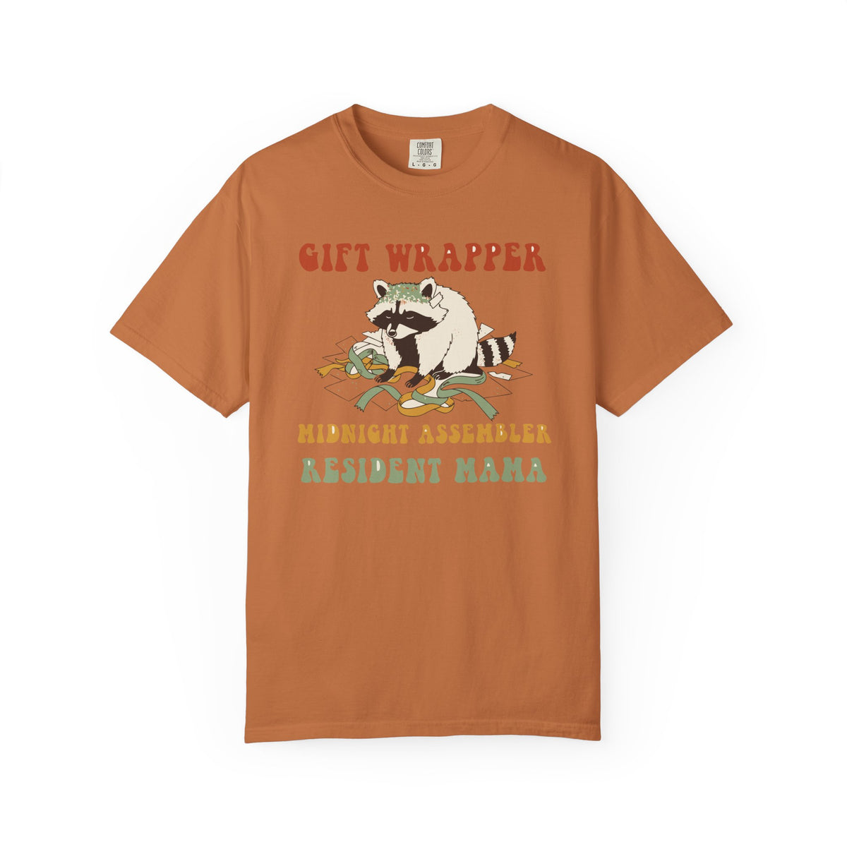 Gift Wrapper Midnight Assembler Resident Mama Shirt, Comfort Colors Funny Christmas Mom Tee, Holiday Mom Gift, Retro Raccoon Tee