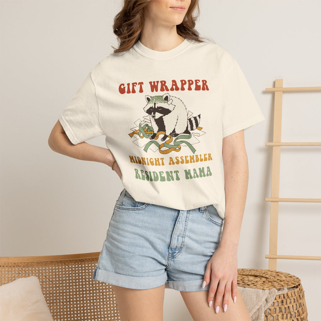 Gift Wrapper Midnight Assembler Resident Mama Shirt, Comfort Colors Funny Christmas Mom Tee, Holiday Mom Gift, Retro Raccoon Tee