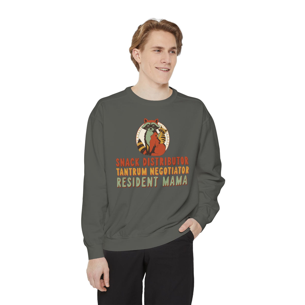 Snack Distributor Tantrum Negotiator Resident Mama Sweatshirt, Comfort Colors Funny Mom Crewneck, Mom Job Title Gift, Raccoon Mom Shirt