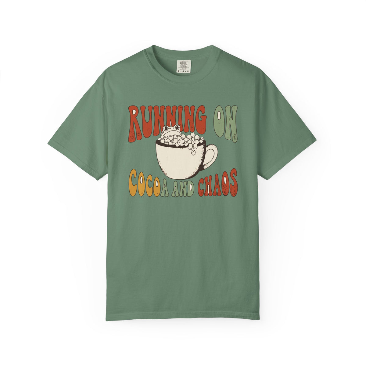 Running On Cocoa And Chaos Shirt, Comfort Colors Funny Christmas Mom Tee, Hot Chocolate Lover Gift, Retro Winter Frog Shirt