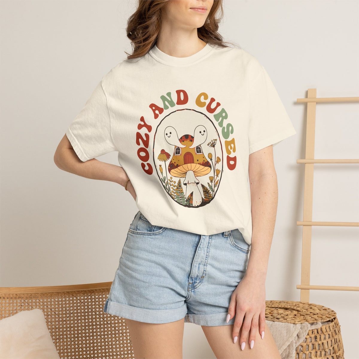 Cozy And Cursed Mushroom Cottage Shirt, Comfort Colors Halloween Cottagecore Tee, Ghost Lover Gift, Spooky Season Shirt