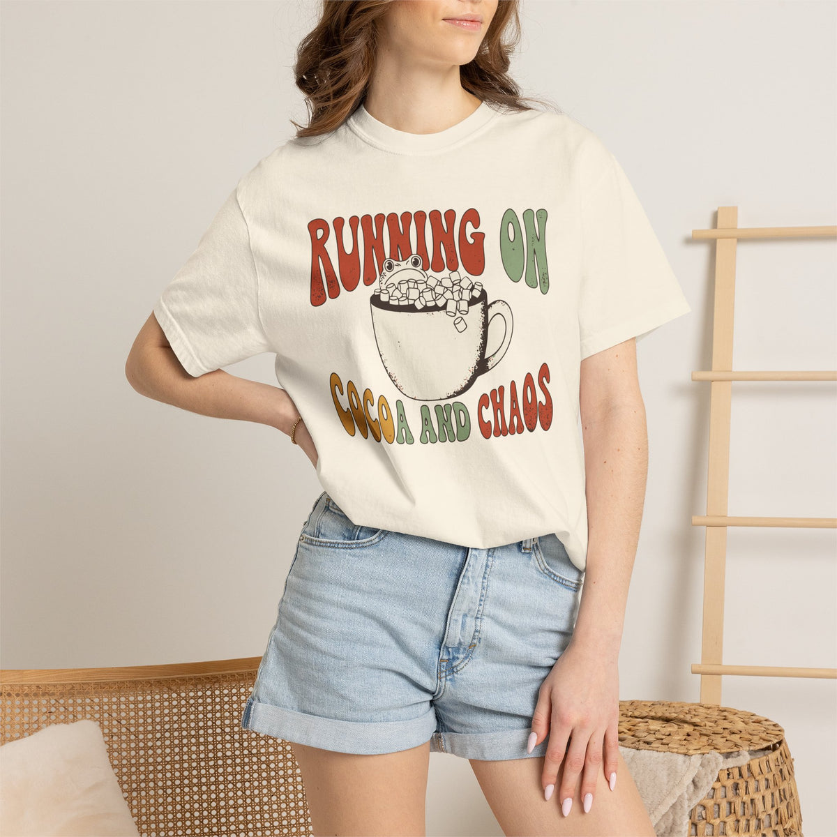 Running On Cocoa And Chaos Shirt, Comfort Colors Funny Christmas Mom Tee, Hot Chocolate Lover Gift, Retro Winter Frog Shirt