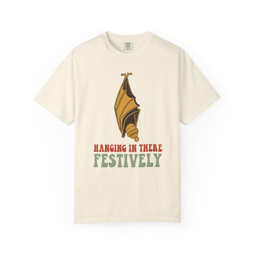 Hanging In There Festively Bat Shirt, Comfort Colors Funny Christmas Bat Tee, Spooky Holiday Gift, Retro Goth Xmas Shirt