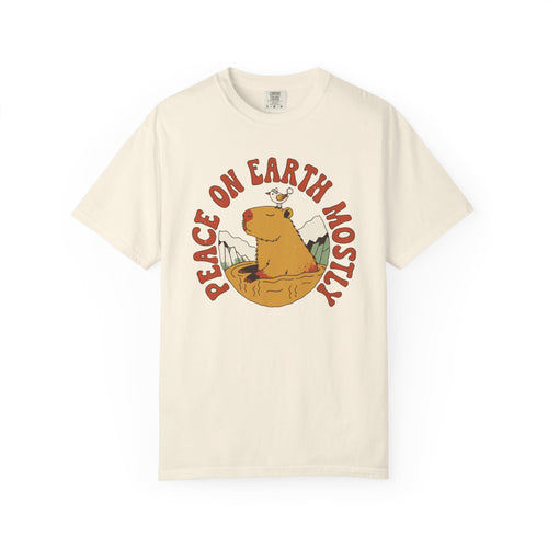Peace On Earth Mostly Capybara Shirt, Comfort Colors Funny Christmas Capybara Tee, Calm Holiday Gift, Retro Hot Spring Shirt