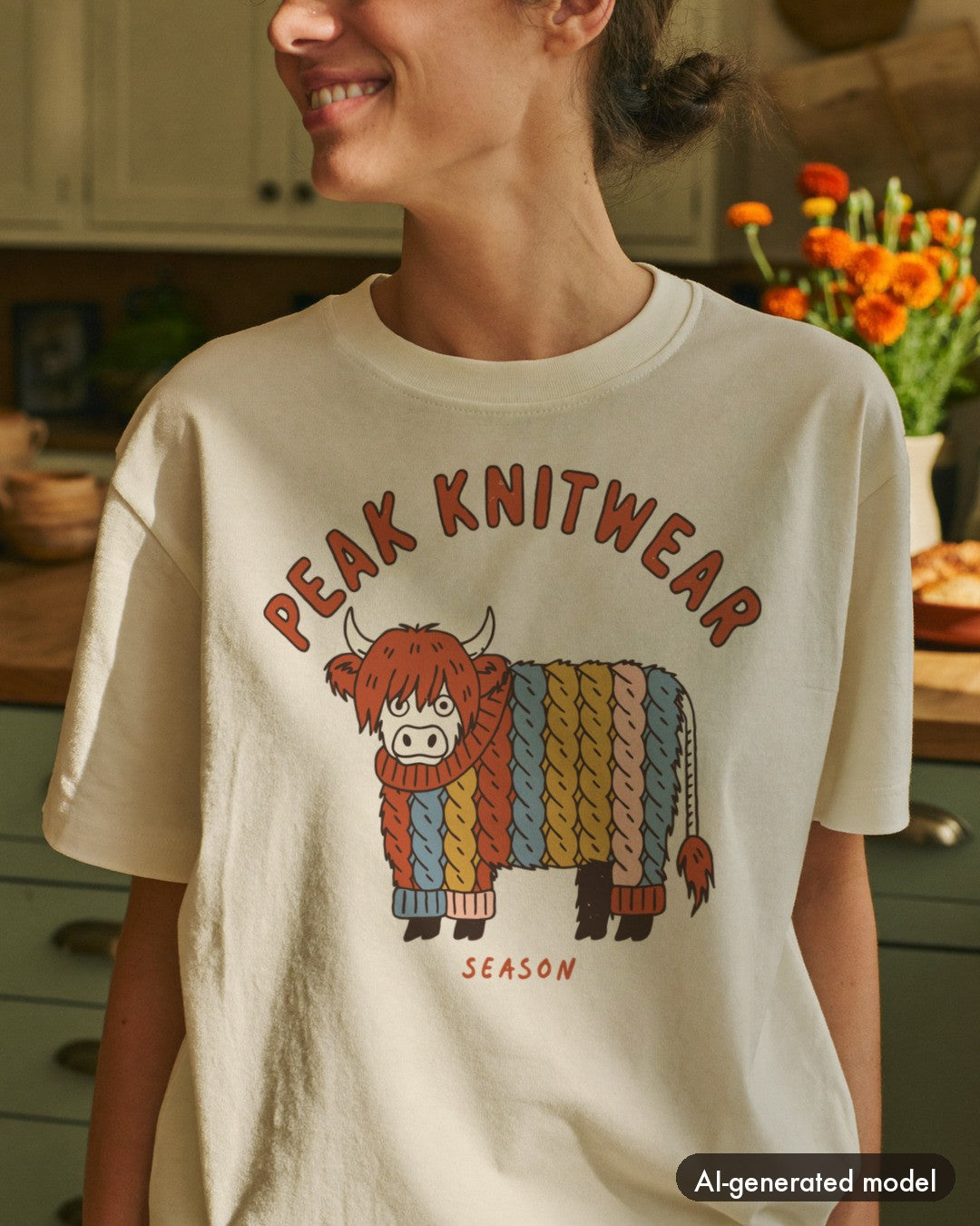 AI-generated model wearing the Peak Knitwear Season Highland Cow Tee