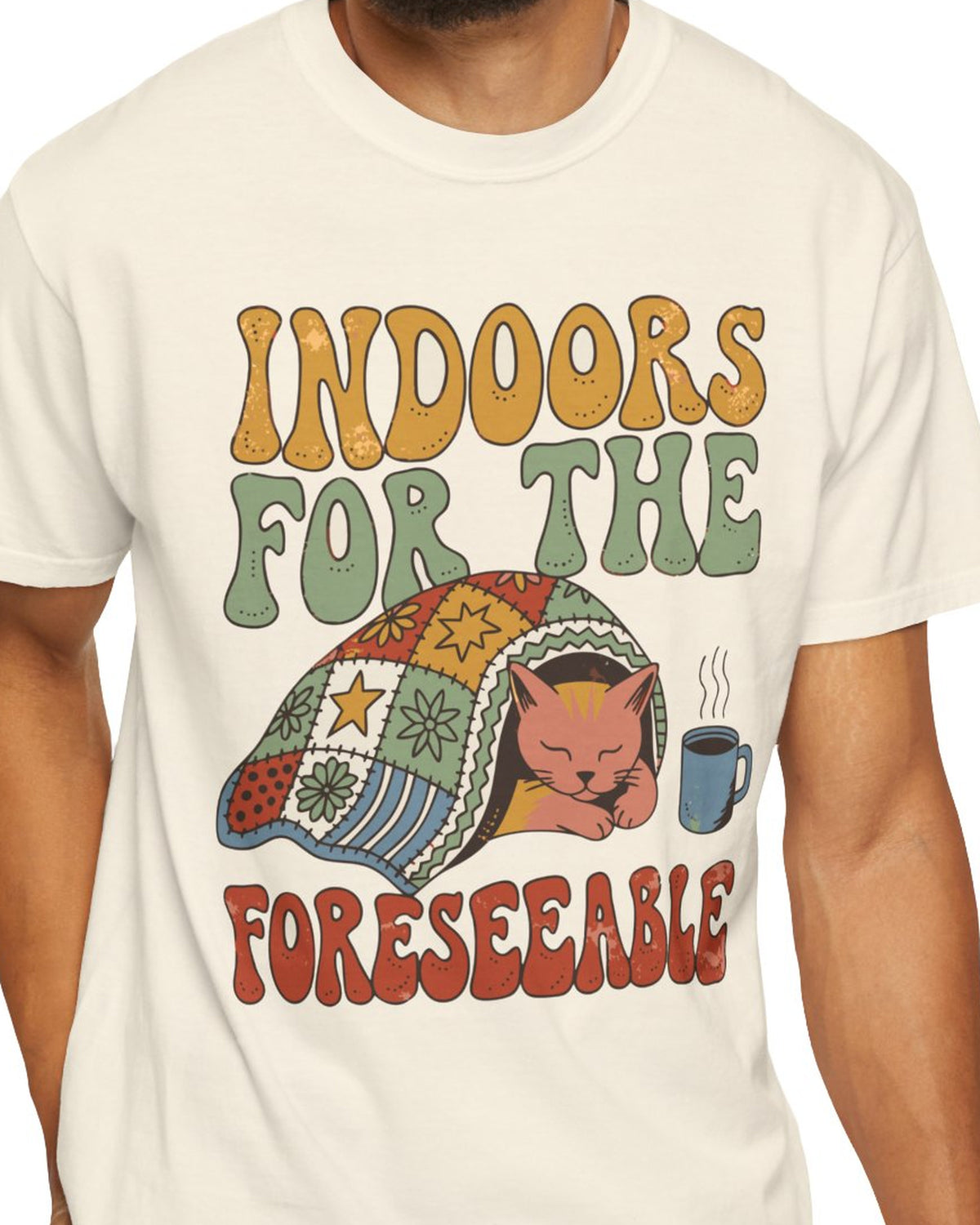 Indoors For The Foreseeable Cat Tee, worn by a model