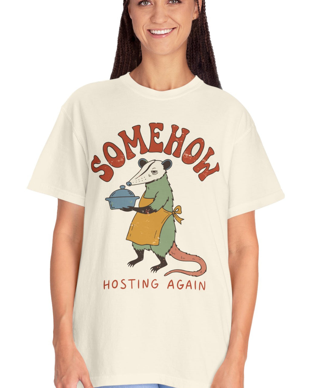 Somehow Hosting Again Possum Tee, worn by a model
