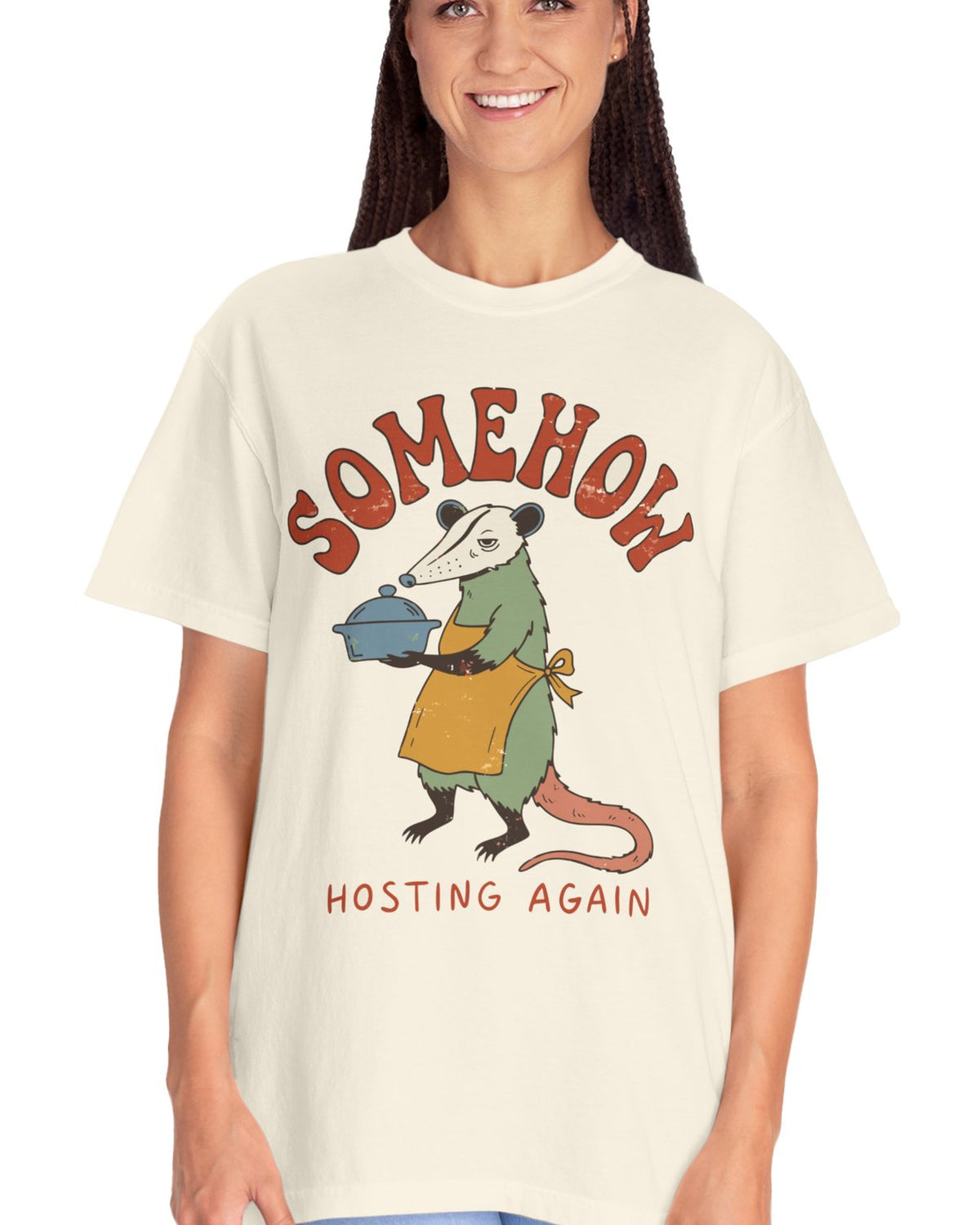 Somehow Hosting Again Possum Tee, worn by a model