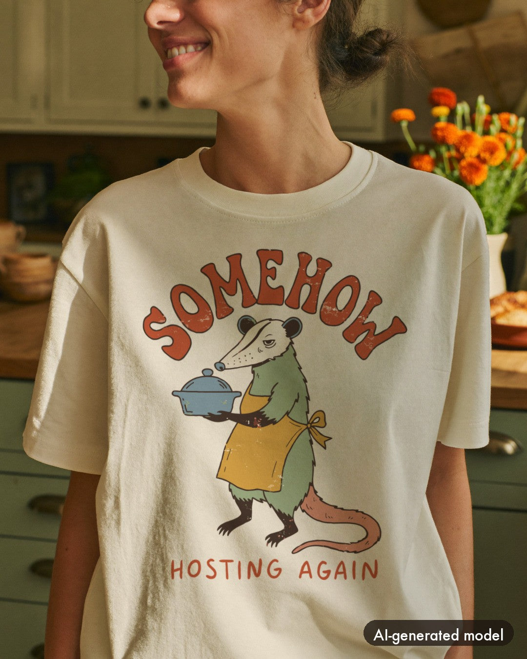 AI-generated model wearing the Somehow Hosting Again Possum Tee
