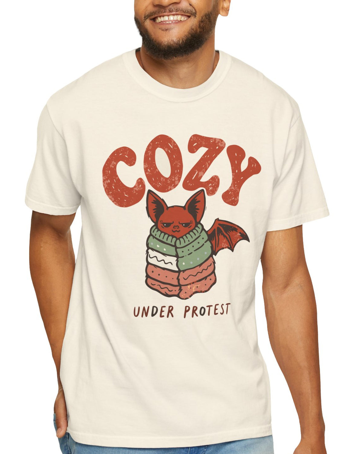 Cozy Under Protest Bat Tee, worn by a model