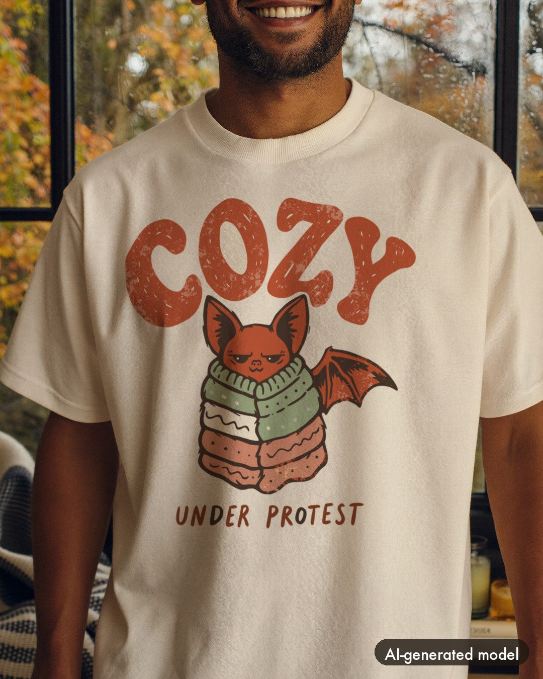 AI-generated model wearing the Cozy Under Protest Bat Tee
