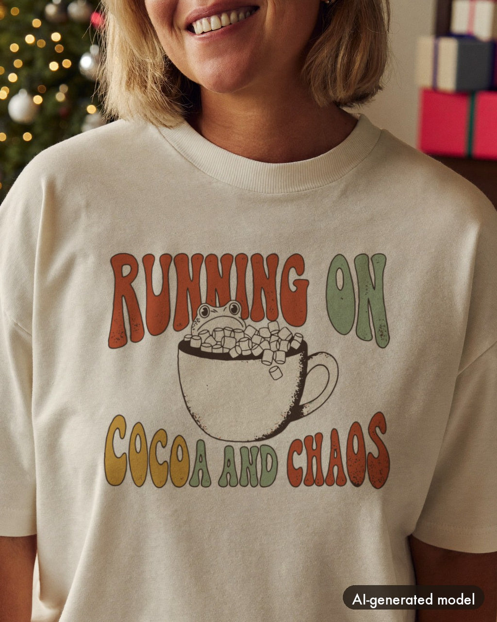 AI-generated model wearing the Running On Cocoa And Chaos Shirt