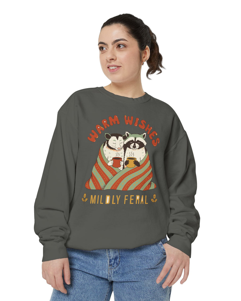 Warm Wishes Mildly Feral Sweatshirt, worn by a model
