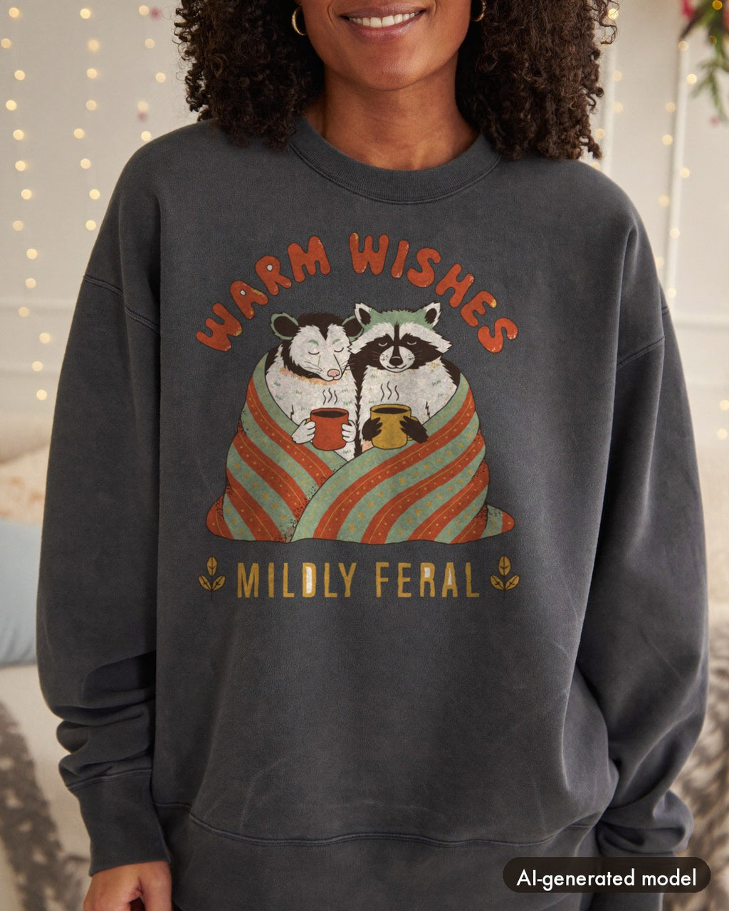 AI-generated model wearing the Warm Wishes Mildly Feral Sweatshirt