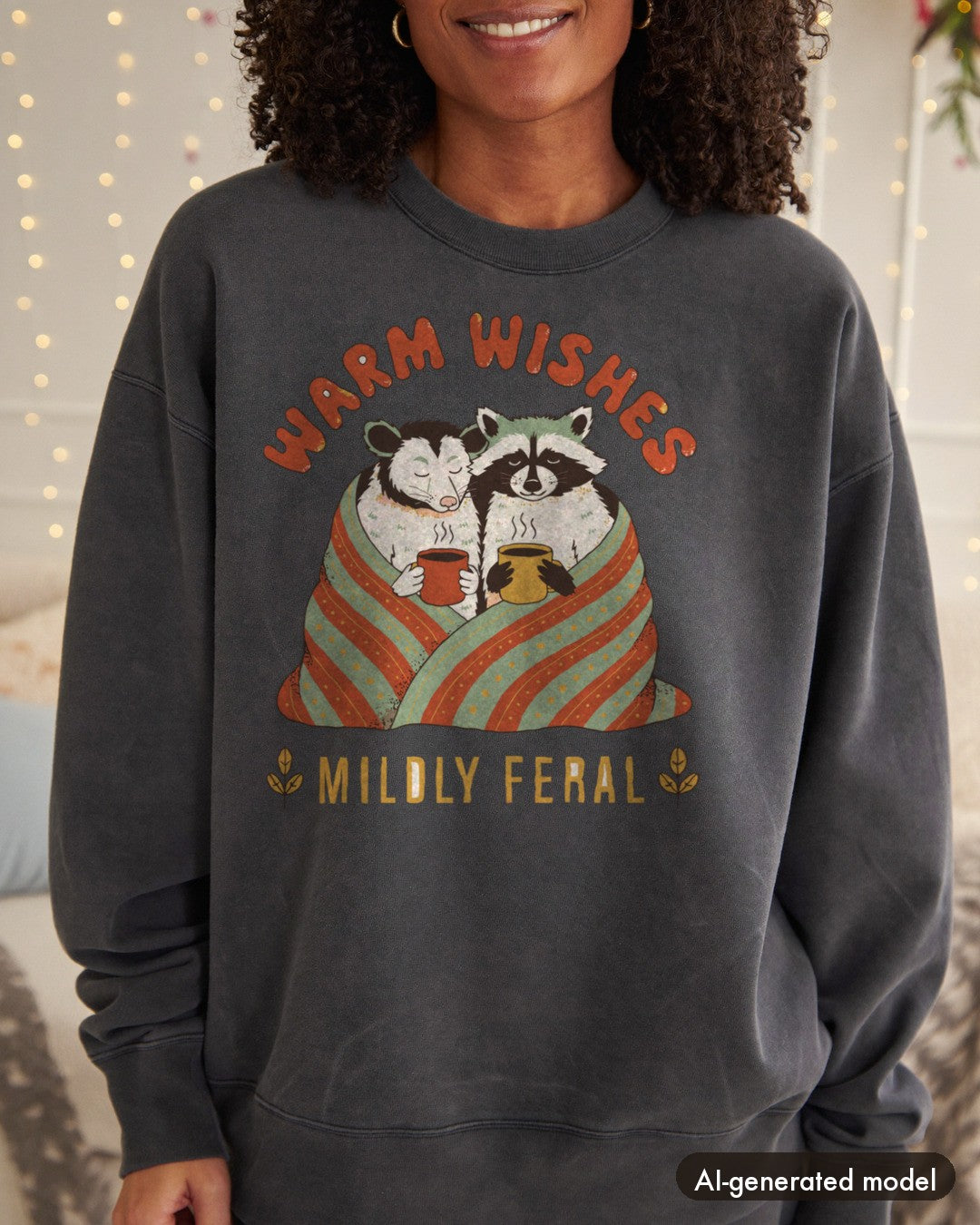 AI-generated model wearing the Warm Wishes Mildly Feral Sweatshirt
