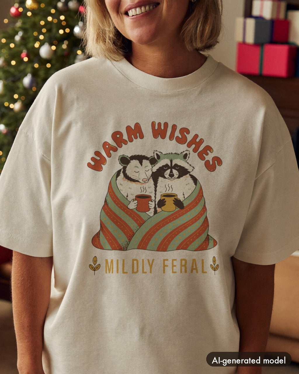 AI-generated model wearing the Warm Wishes Mildly Feral Shirt