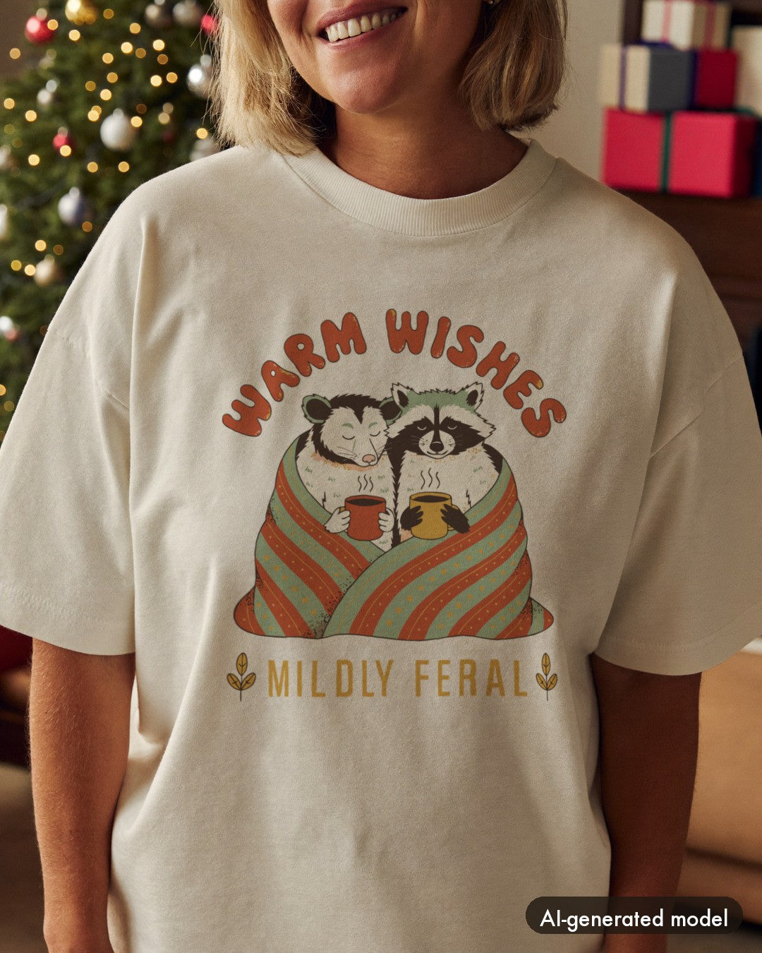 AI-generated model wearing the Warm Wishes Mildly Feral Shirt