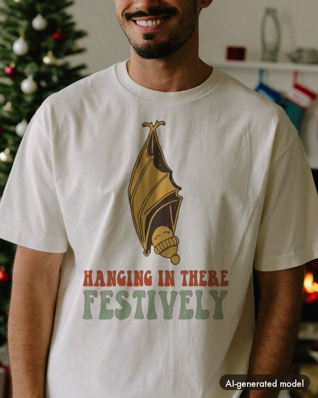 AI-generated model wearing the Hanging In There Festively Bat Shirt