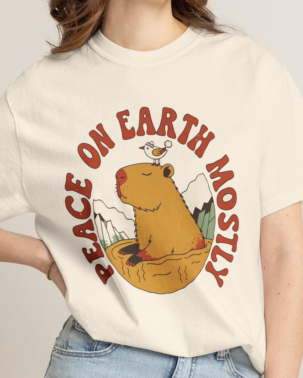 Peace On Earth Mostly Capybara Shirt, worn by a model