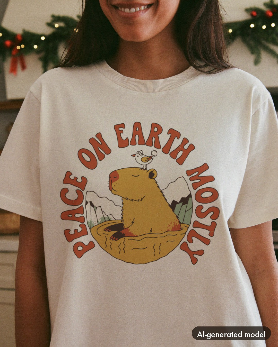 AI-generated model wearing the Peace On Earth Mostly Capybara Shirt