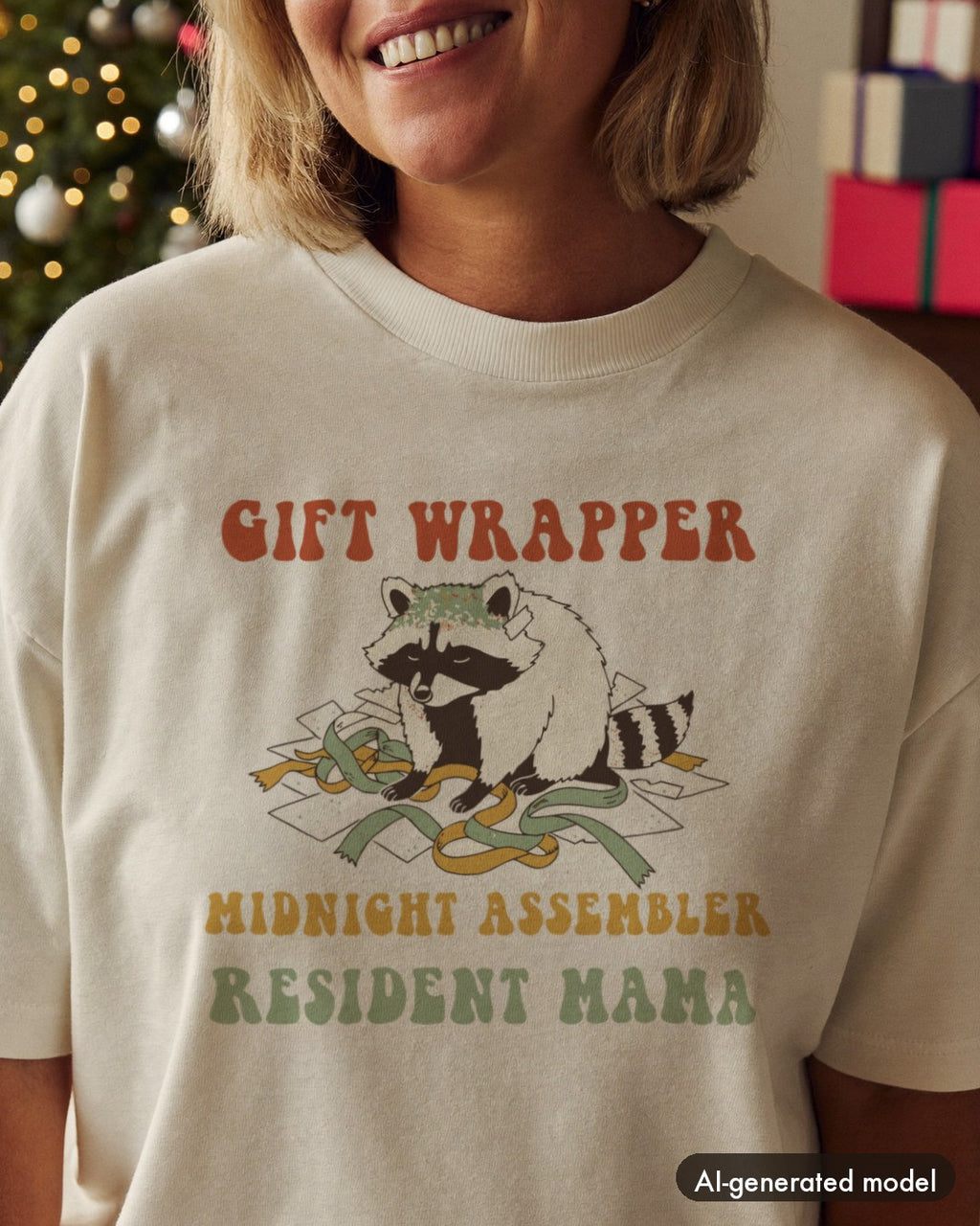AI-generated model wearing the Gift Wrapper Midnight Assembler Resident Mama Shirt
