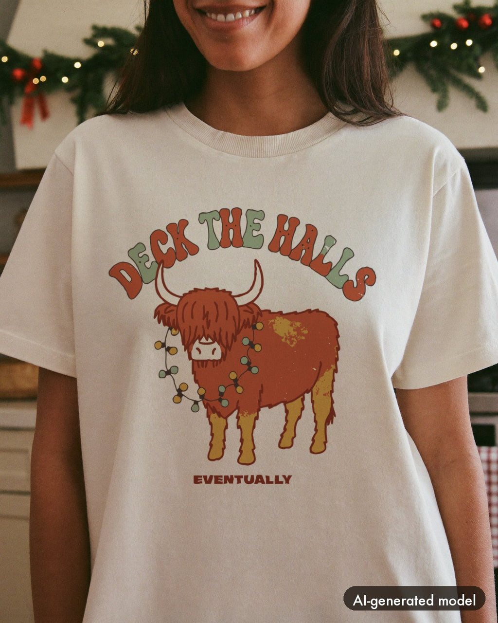 AI-generated model wearing the Deck The Halls Eventually Highland Cow Shirt