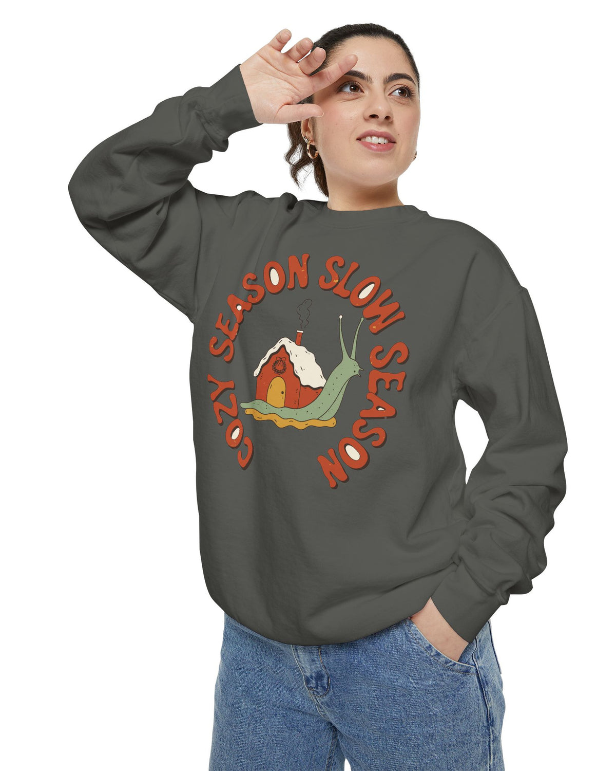 Cozy Season Slow Season Snail Sweatshirt, worn by a model