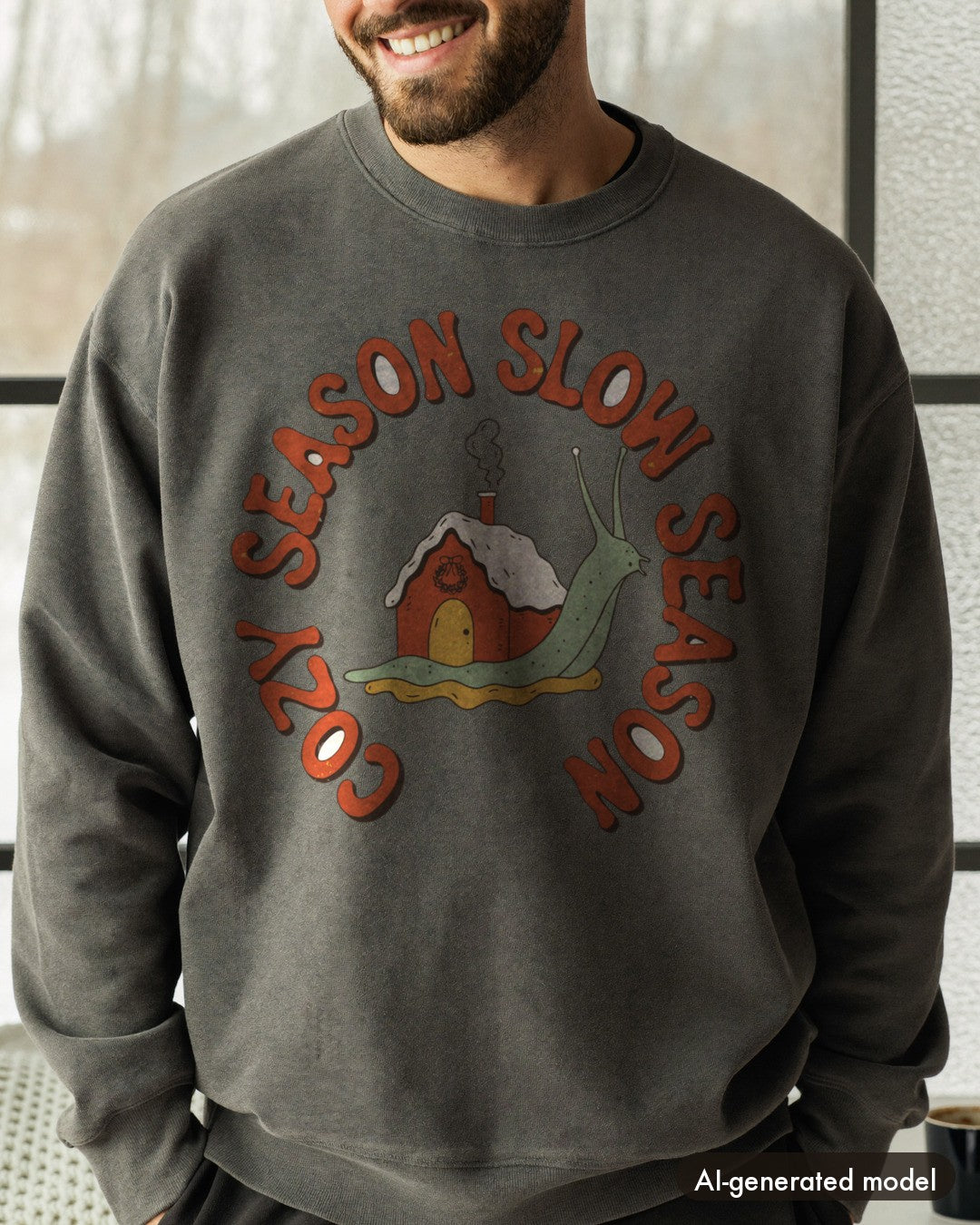 AI-generated model wearing the Cozy Season Slow Season Snail Sweatshirt