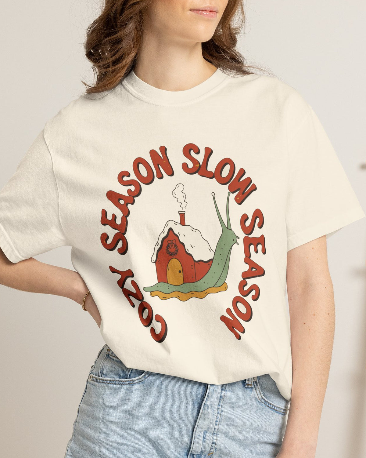 Cozy Season Slow Season Snail Shirt, worn by a model