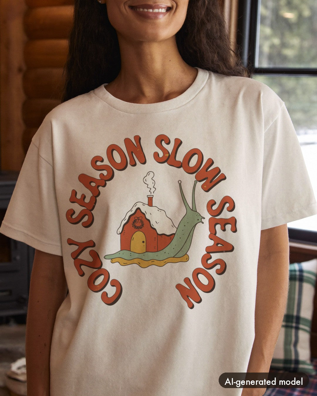 AI-generated model wearing the Cozy Season Slow Season Snail Shirt