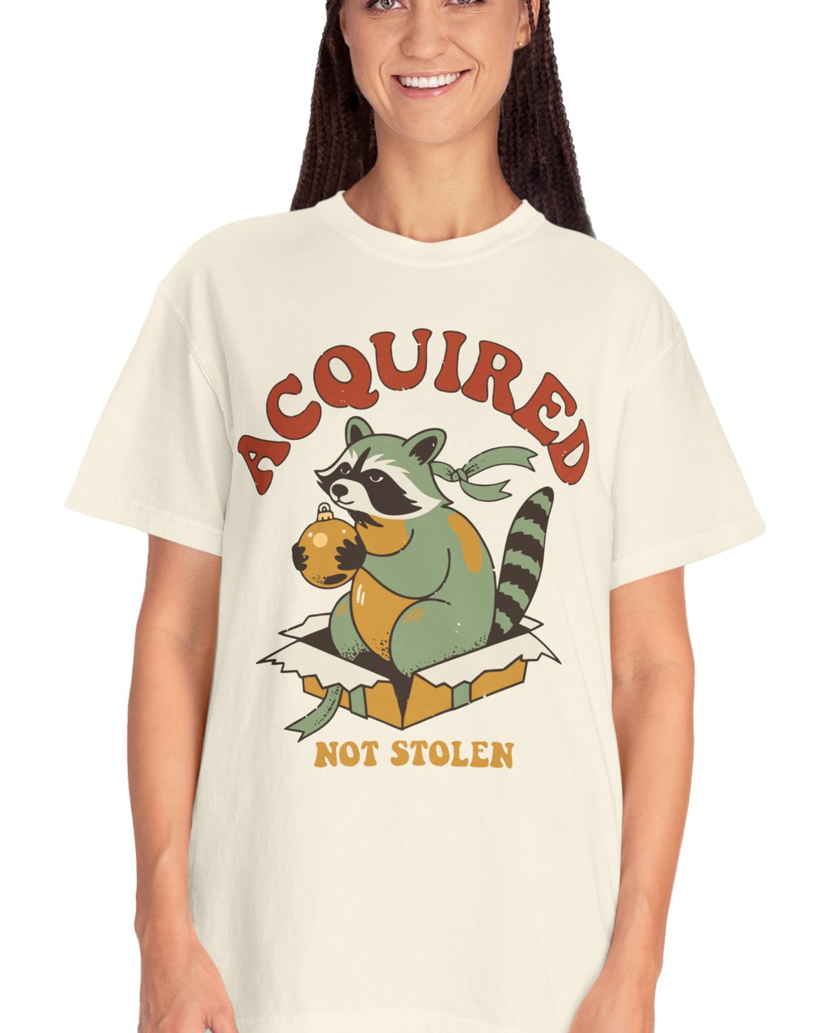 Acquired Not Stolen Raccoon Shirt, worn by a model