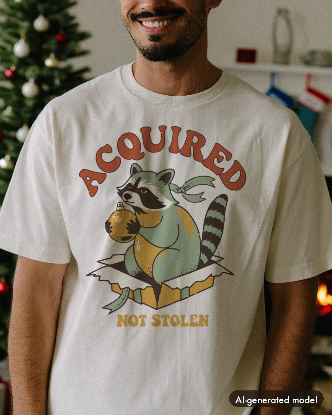 AI-generated model wearing the Acquired Not Stolen Raccoon Shirt