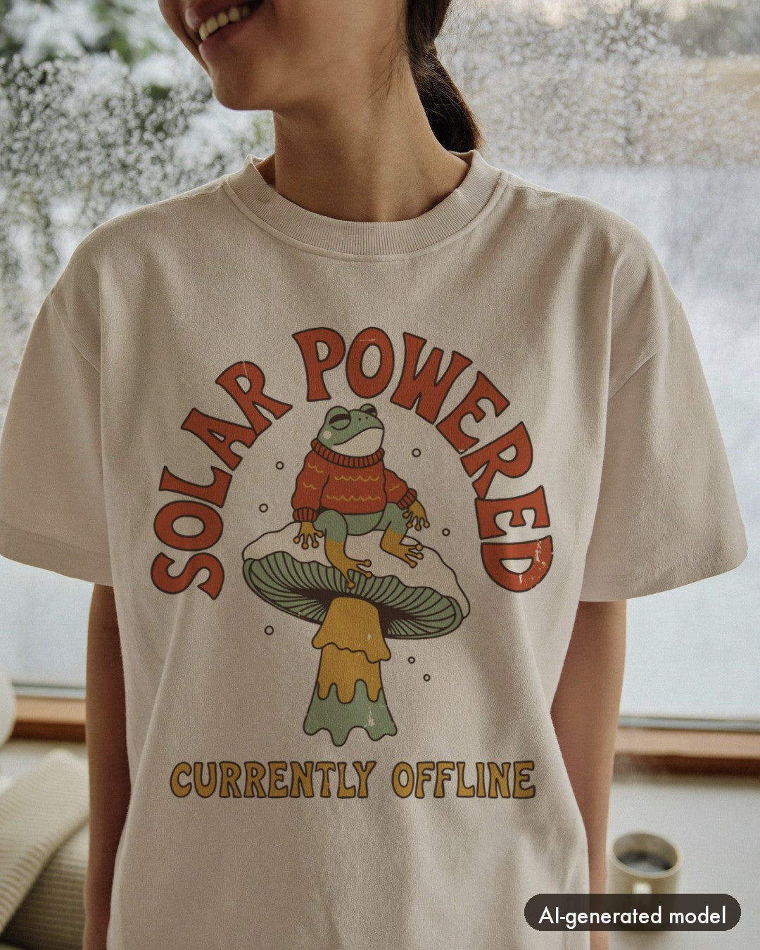 AI-generated model wearing the Solar Powered Currently Offline Frog Shirt