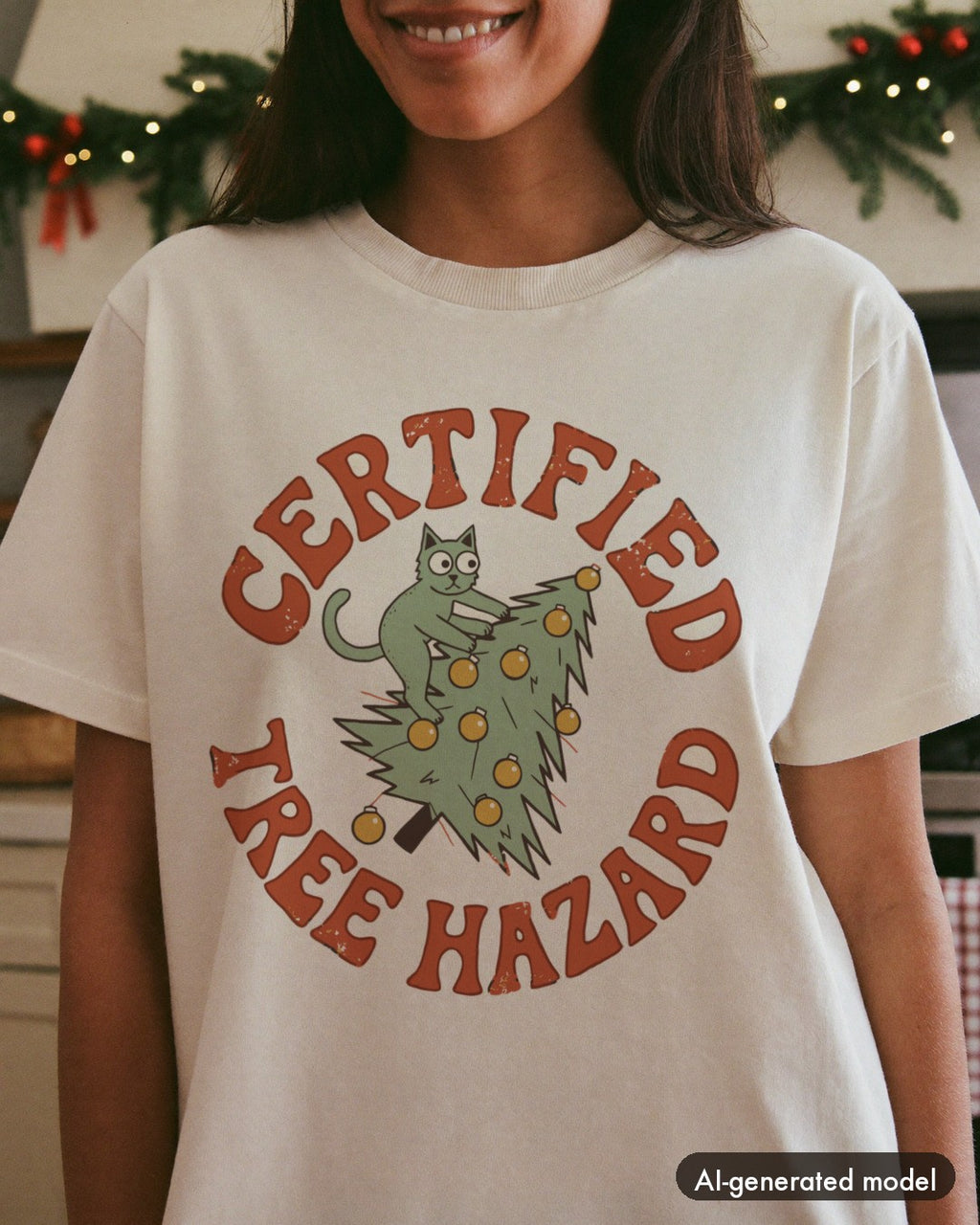 AI-generated model wearing the Certified Tree Hazard Cat Shirt