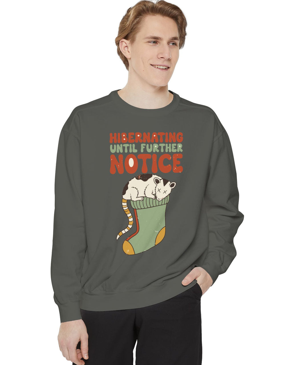 Hibernating Until Further Notice Possum Sweatshirt, worn by a model